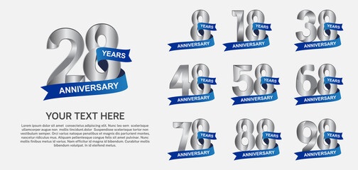 set anniversary logotype premium collection silver color with blue ribbon isolated on white background