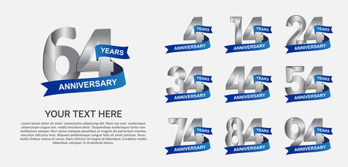 set anniversary logotype premium collection silver color with blue ribbon isolated on white background