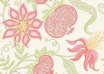 Decorative pomegranate fruits and flowers in art nouveau style, vintage, old, retro style. Seamless pattern, background. Vector illustration.