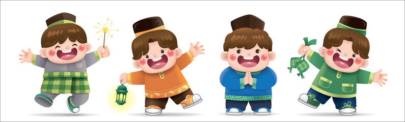 Collection of cute Muslim boys character design for Hari Raya Aidilfitri 