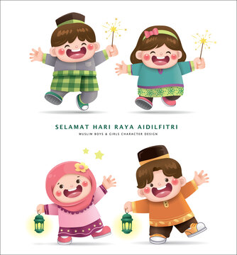 Collection of cute cartoon Muslim boys and girls character design for Hari Raya Aidilfitri
