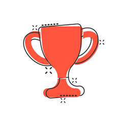 Trophy cup icon in comic style. Goblet prize cartoon vector illustration on isolated background. Award splash effect sign business concept.