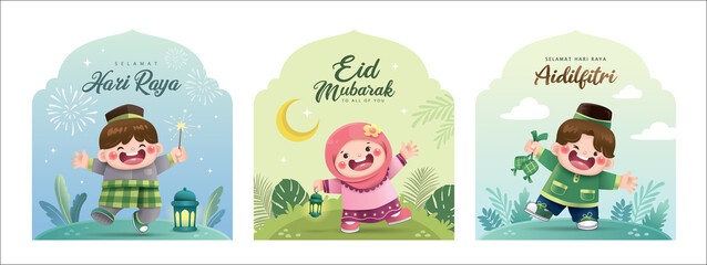 Set of 3 Hari Raya Aidilfitri design with cute Muslim boys and girl celebrating Raya festival.