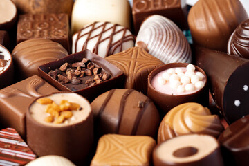 Various chocolate praline candies assortment close up