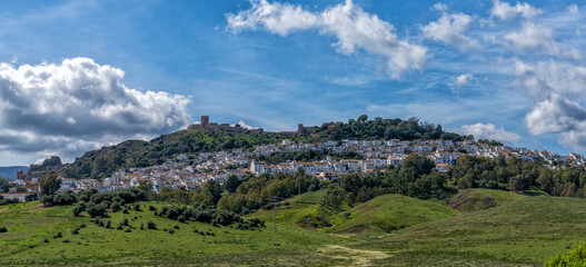 Fototapeta na wymiar panorama cityscape of Jimena de la Frontera and Moorish castle ruins