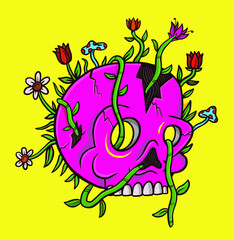 Colorful skull head illustration with some flowers growing from within.