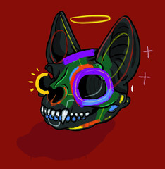 A colorful cat skull head illustration with a halo