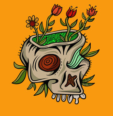 Obraz premium A colorful skull head illustration with some flower growing from within
