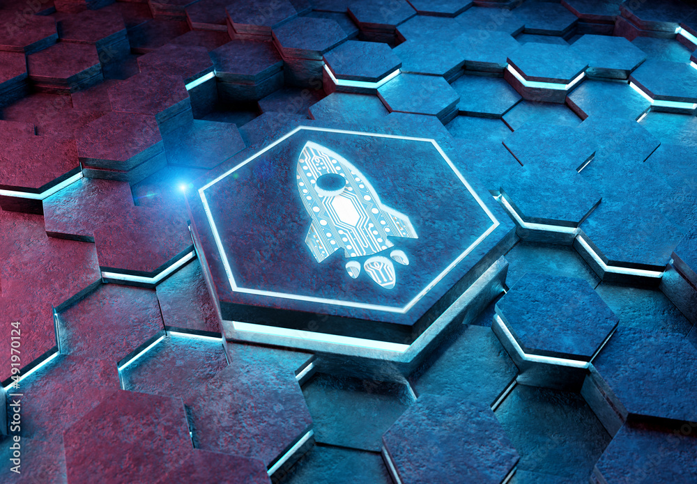 Aufkleber Spaceship icon innovation concept engraved on metal hexagonal pedestral background. Rocket startup logo glowing on abstract digital surface. 3d rendering