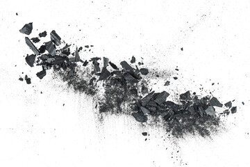 Black charcoal particles isolated on a white background, top view. Activated charcoal powder. Black...