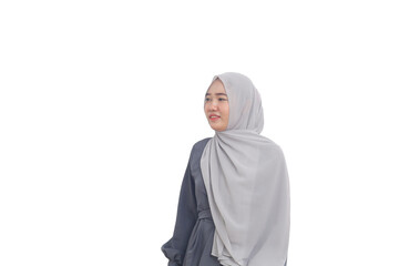 Asian muslim woman looking something at blank something. Isolated on white background