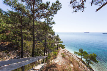Fototapeta na wymiar Beautiful summer landscape. View of the forest, rocks and sea coast. Hiking in scenic areas, the road to the wild beach. The resort town of Gelendzhik. Russia, Black sea coast