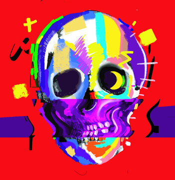 Colorful skull illustration. with red background