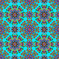 Seamless pattern with abstract patterns and colors on a blue background