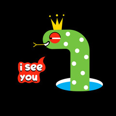 Cartoon snake character and i see you lettering word in speech bubble. Trendy icon isolated on...