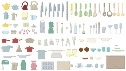 Dashed line and single color icon illustration of kitchen utensils.