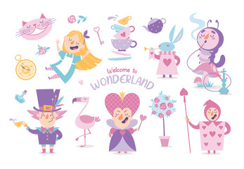 Set of cartoon Wonderland isolated characters.