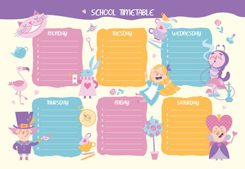 School timetable with cartoon Wonderland characters.