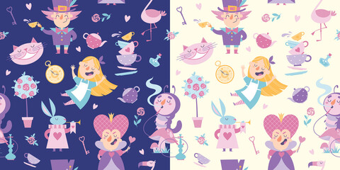 Two seamless patterns of cartoon Wonderland isolated characters