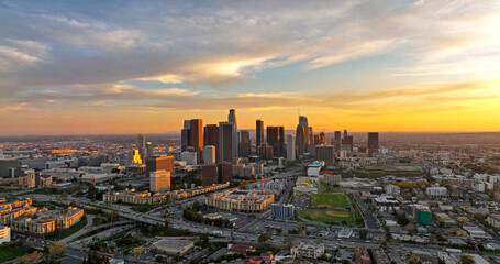 Downtown Los Angeles California. Los Angele, California, USA downtown cityscape. Flying of los angels, filmed LA by drone.