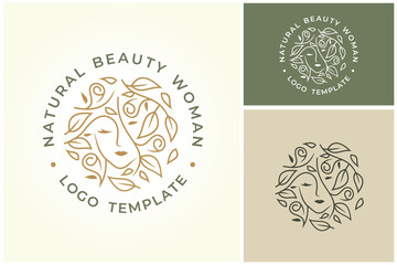Elegant Beautiful Woman with Floral Leaf Hair for Natural Organic Beauty Shampoo Cosmetic Logo design