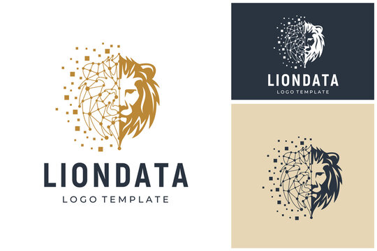 Golden Lion Head Savanna King Silhouette with Futuristic Digital Wire frame Data Structure logo design	