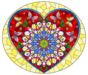 An illustration in the style of a stained glass window with an abstract heart with bright flowers and butterflies on a yellow background