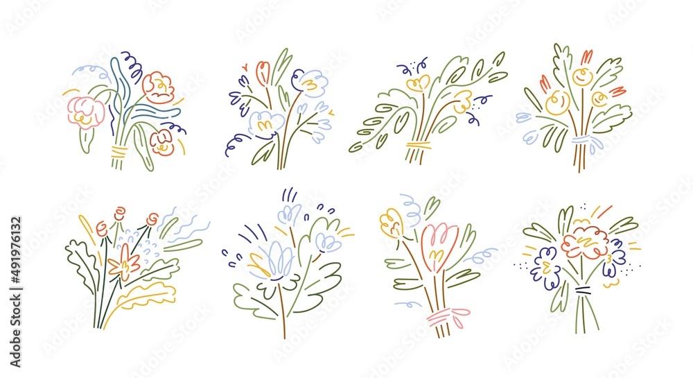 Poster abstract minimalistic flowers set. modern floral creative bouquets in line art style. stylized simpl