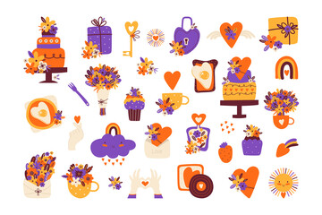 Collection vector love items, stickers, symbols for Valentine's Day, wedding. Romantic doodle icons pack. Hand drawn heart, cake, gift, flowers, lock, golden key, fried eggs, cupcake, love gestures