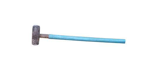 Old steel hammer with blue pipe handle isolated on white background , clipping path