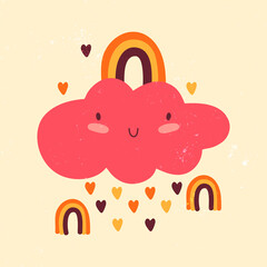 Cute kawaii pink cloud with a rain of hearts and a rainbow. Funny cartoon character in love. Weather condition. Children illustration in flat vector