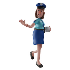 3D Police Woman Cartoon Character holding a cup of coffee