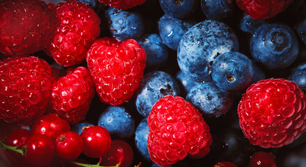 Top down close-up shot of fresh crop of berries. Blueberries, raspberries and red currant.