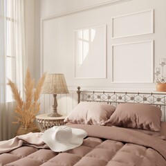 Fototapeta na wymiar Mockup frame in bedroom interior background, Coastal boho style and white room tone with brown duvet.3d rendering