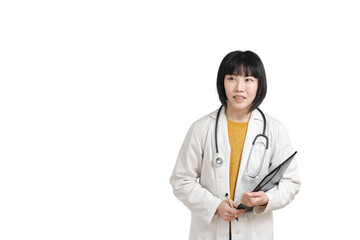 Fototapeta premium Young asian female doctor looking at a side with pen and folder, isolated on white background.