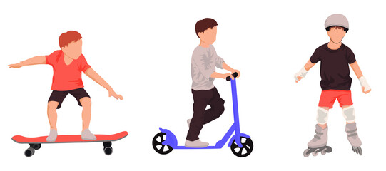 Collection of children doing sport. The boys go rollerblading, skateboarding and scootering. Vector illustration