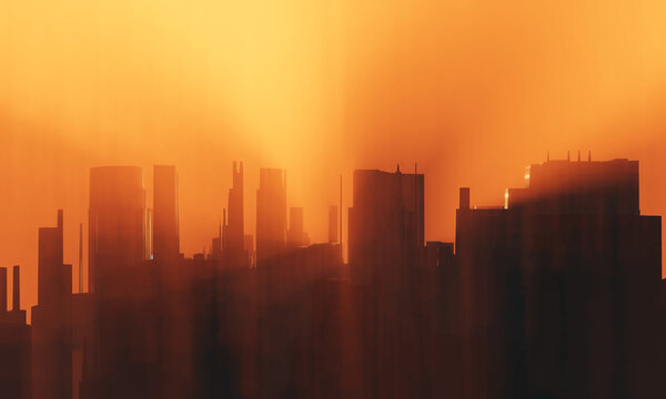 Future modern city silhouette in morning orange sunrise misty fog. Urban skyline background, 3D illustration