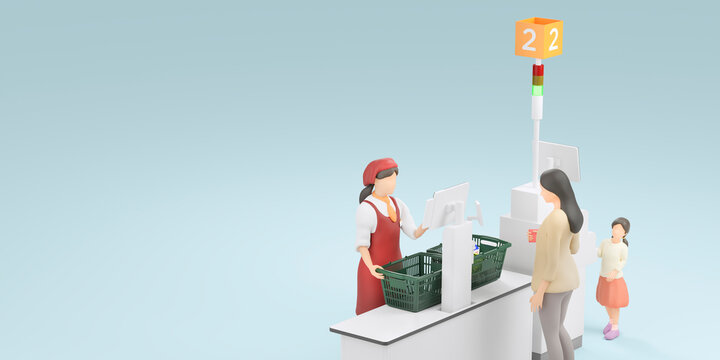 スーパーマーケットのレジで会計する母娘 / ショッピング・生活と物価変動・食品値上げ・セルフ式会計のコンセプトイメージ / 3Dレンダリンググラフィックス