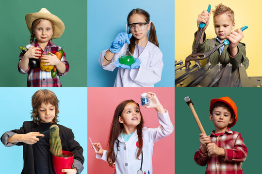 Collage. Portrait of little boys and girls, children in image of different professions posing isolated over multicolored background