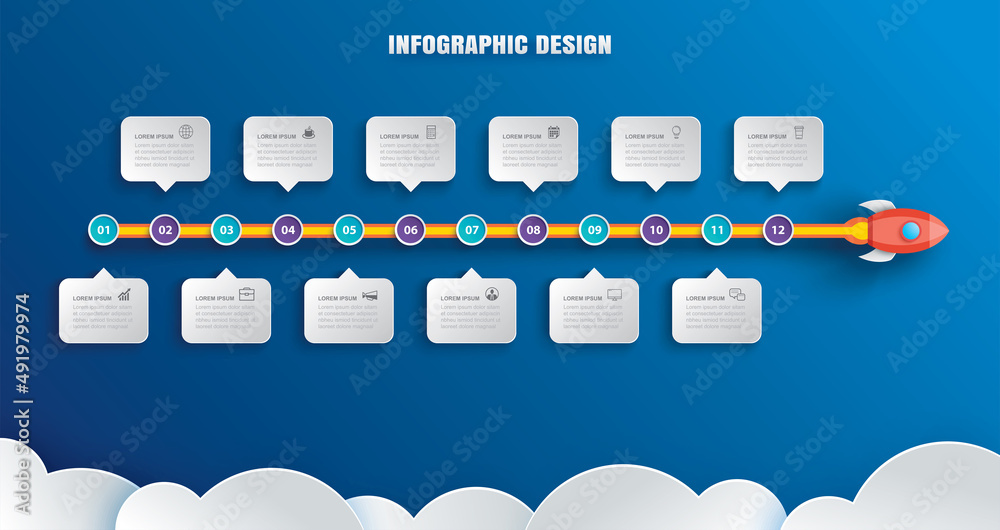 Canvas Prints startup infographics with 12 data template. vector illustration abstract rocket paper art on blue ba