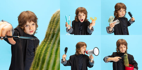 Obraz premium Collage. Portraits of little stylish boy, child in image of professional stylist, hairdresser, barber posing isolated over blue studio background