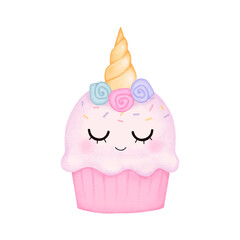 Cute fairytale unicorn cupcake design. Watercolor style illustration