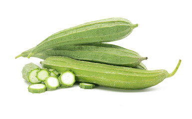 Fresh Angled luffa (Ribbed Gourd) vegetable with slices isolated on white background.