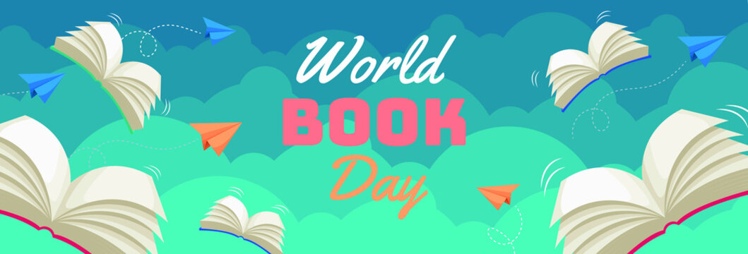 world book day horizontal banner vector illustration flat design