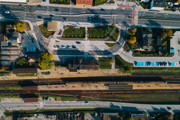 railway station in a medium-sized city in europe - view from above