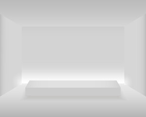 White pedestal in the room. Tribune. Backlight. Vector illustration.