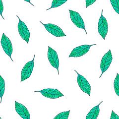 An endless pattern of green leaves on a white background, drawn in watercolor.