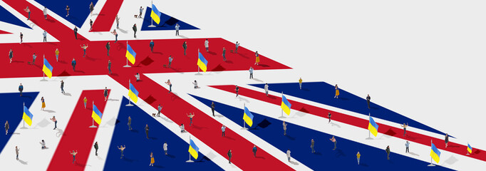 Support. Conceptual collage. British people gathering together to support Ukraine. Free Ukraine from russian invasion