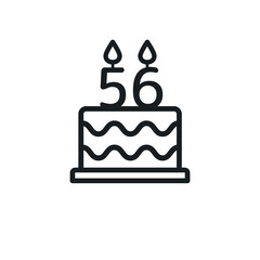 Birthday cake line icon with candle number 56 (fifty-six). Vector.