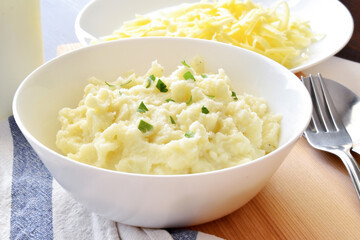 Mashed potatoes in a white bowl. 